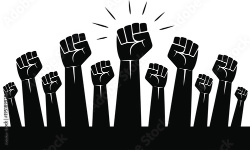 A powerful group of silhouetted raised fists, with one central fist glowing, on a white background
