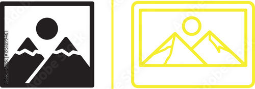 Two landscape icons: a bold black silhouette of mountain peaks and a solid sun in a frame, and a yellow line-art version featuring two snowy mountains and a rising sun in a polaroid border.
