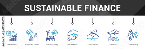 Sustainable Finance  Modern and clean web banner illustration vector featuring thematic icons