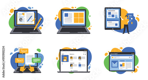 Set of 6 vector laptop icons with colorful abstract backgrounds