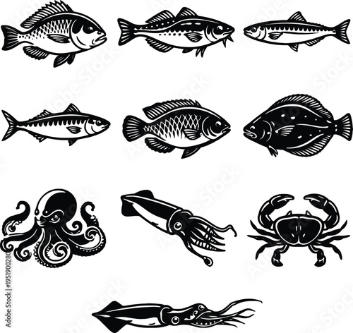 Seafood and marine animals black and white vector set