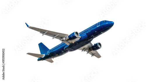 Fotografie Vibrant blue commercial passenger jet airplane in a dynamic upward flight, isola