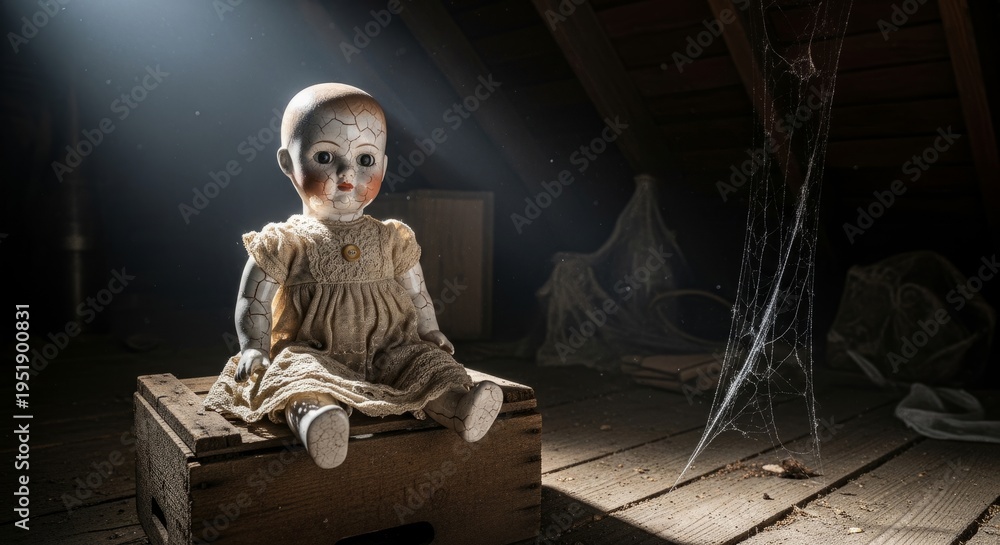 Fototapeta premium Vintage porcelain doll on wooden crate in dusty attic with cobwebs