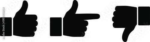 A set of three black solid icons representing various hand gestures like thumbs up, pointing, and thumbs down