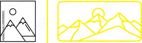 Two landscape icons: a minimalist black outline of twin peaks with a sun in a vertical frame, and a yellow line-art illustration featuring a vast mountain range under a large, glowing sun.