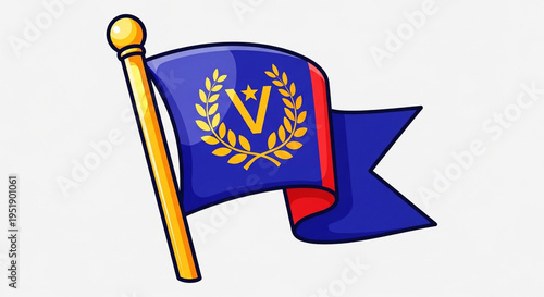 A blue flag with a gold pole and a laurel wreath design