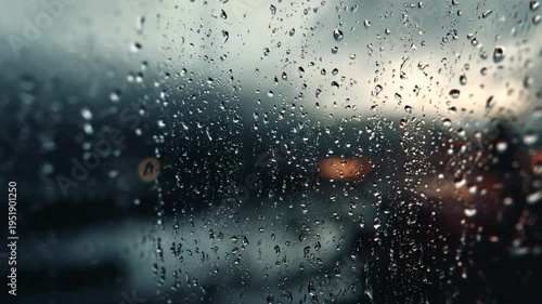 Rainy window view with blurred city lights outside