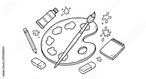 Artistic Expression with Creative Tools A Palette Brush Paints Pencil and Sketchpad Depicting Craft and Design Ready for Coloring and Showcasing Artistic Talent and Imagination