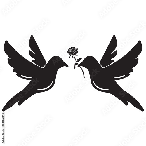 Two Flying Birds Silhouette with Rose Flower Vector Illustration