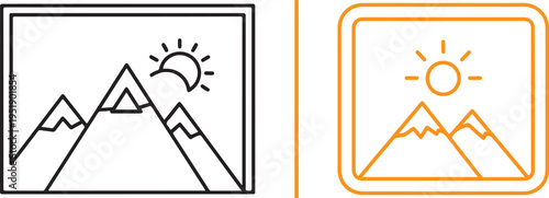 Two landscape icons: a black outline of triple mountain peaks with a rising sun in a frame, and an orange version featuring twin snowy peaks and a radiant sun inside a rounded square border.