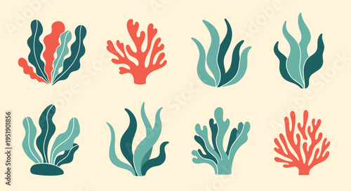 Decorative Set of Marine Algae and Coral Reefs for Aquatic Designs and Underwater Projects Natural Flora and Sea Plants Create a Serene Ocean Environment for Various Creative Needs