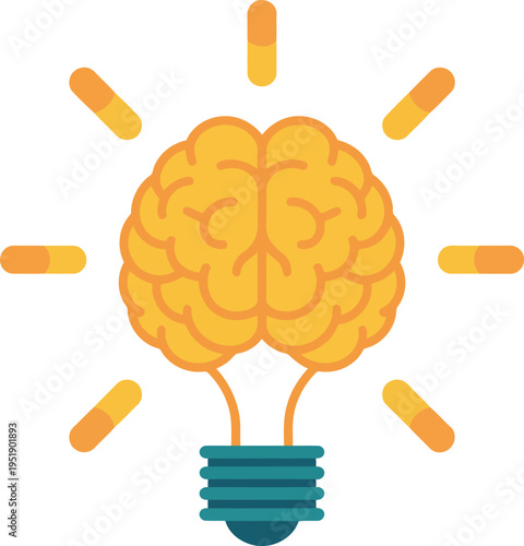 A vibrant yellow brain with radiating orange lines sits within a teal lightbulb base on a white background