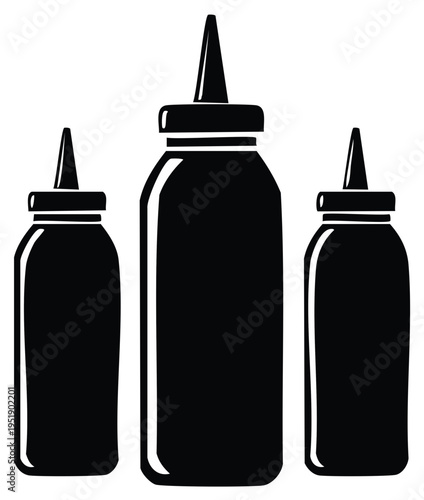 Simple vector graphic of three black condiment squeeze bottles of various sizes