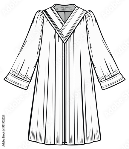 A-line robe with V-neck collar and cuffed sleeves, a clean fashion illustration for design.