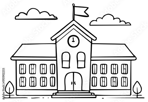 Cartoon schoolhouse building outline, black and white doodle for coloring page and back to school concepts