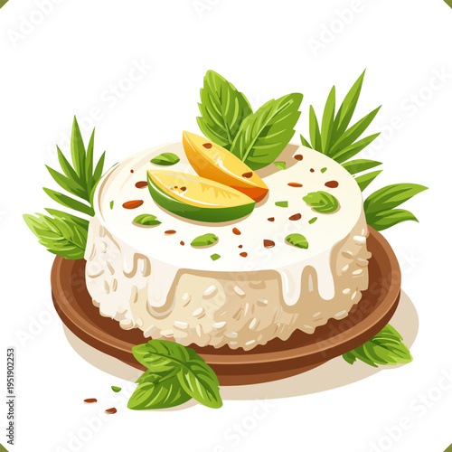 Vector illustration of mango rice pudding, topped with fresh mango cubes and mint leaves, isolated on a white background
