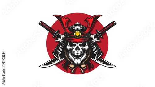 Skull head samurai logo on a red disc, fierce samurai skull design with swords, perfect for bold branding and apparel.