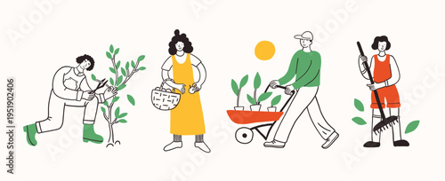 Farm agricultural workers or local farmers planting plants, working in the garden, taking care of plants, flowers and trees. Hand drawn simple ink vector illustration. Farming, agriculture or local.