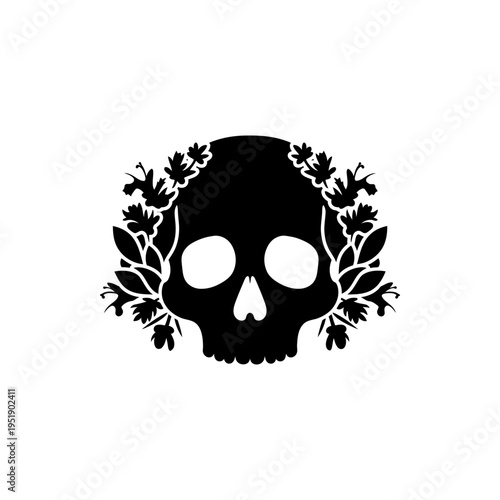 Black skull with floral wreath vector illustration gothic death nature symbol