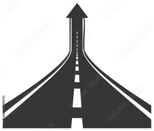 Asphalt road with white lines curves upward turning into an arrow shape signifying progress and future direction