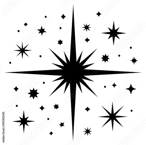 Abstract starburst and twinkling star icons in a scattered pattern