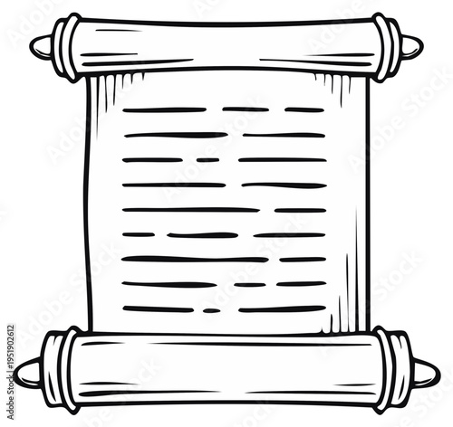 Hand drawn ancient scroll with text manuscript line art vector illustration