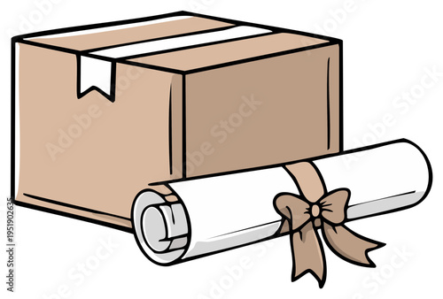 Cardboard box with a tied diploma scroll, representing delivery of achievement or award