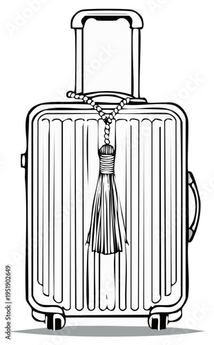 Stylized drawing of a wheeled suitcase with a decorative tassel and beads attached, ready for travel.