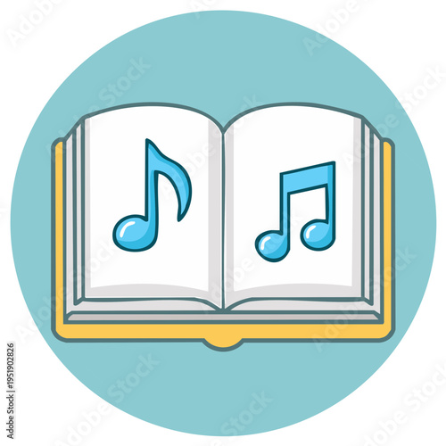 Musical Education Illustration Open Book with Notes Symbol in Blue Circle