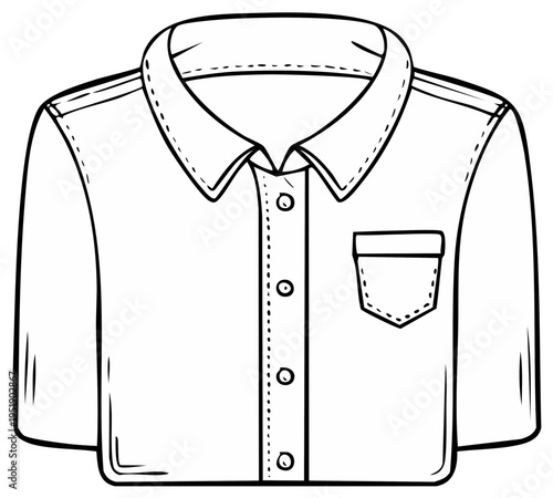 Black and white line art illustration of a short sleeve button down shirt with a collar and pocket