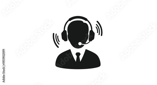 A stark black silhouette depicts a customer service representative wearing a headset and speaking into a microphone high quality