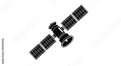 A simplified black and white illustration depicts a satellite in space featuring large solar panels and a cylindrical body high quality