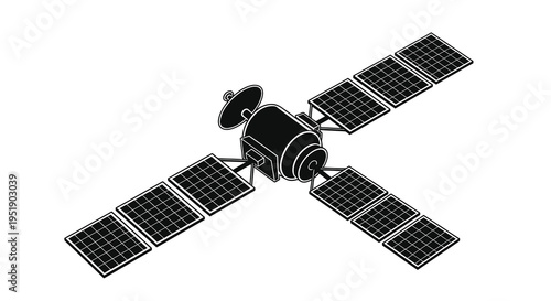 A simplified black and white illustration depicts a satellite in space showcasing its solar panels and cylindrical body high quality professional