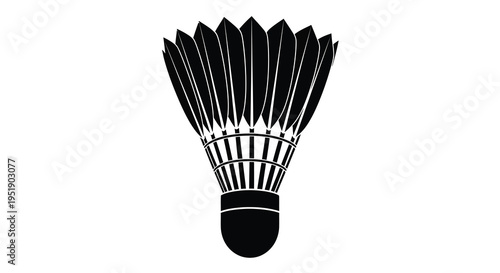 A stark black and white illustration depicts a badminton shuttlecock showcasing its feathered base and rounded cork tip high quality professional