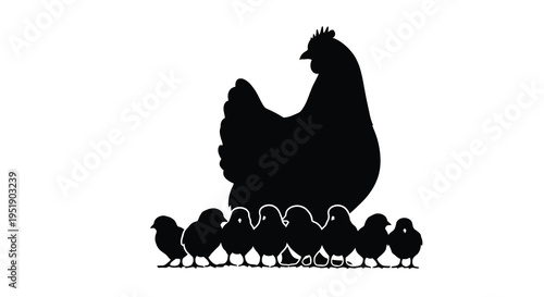 A striking black silhouette depicts a protective hen sheltering her small chicks creating a heartwarming family scene high quality