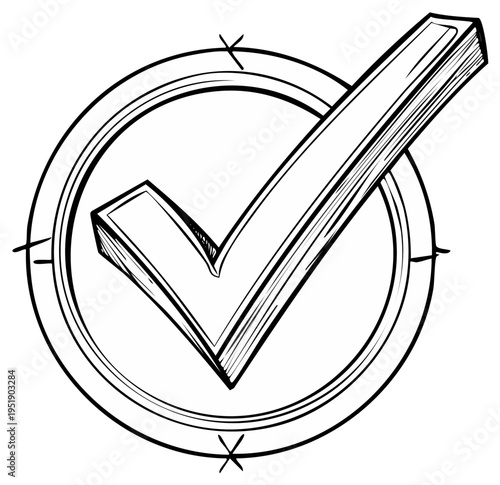 Hand Drawn Check Mark Inside A Circle Symbol With Compass Points Illustration