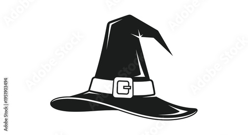 A stark black witch s hat is prominently displayed against a pure white background showcasing its classic pointed shape