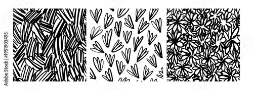 Canvastavla Black and white hand drawn pattern collection featuring abstract lines, stylized leaves and dense floral compositions
