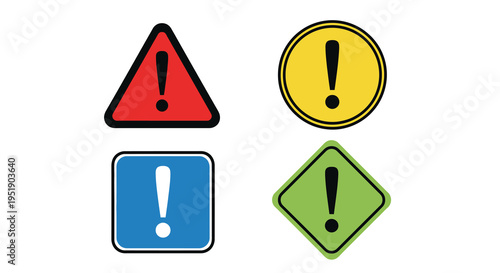Four brightly colored warning signs with exclamation points are displayed against a plain white background indicating caution high quality