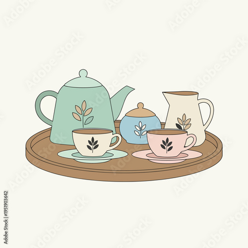 Teatime Still Life Enjoy a Cup of Tea with a Relaxing Afternoon Break Featuring a Teapot Sugar Bowl Milk Jug and Teacups on a Tray for a Tranquil and Charming Tea Service Setup