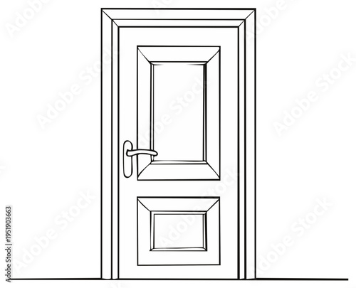 Closed door simple line art drawing. Architectural sketch of an entrance for a house or room.