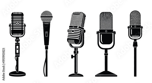 A collection of five vintage style microphones presented in a black and white illustration showcasing diverse designs high quality professional