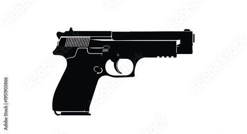 A stark black silhouette depicts a semiautomatic handgun showcasing its metallic form and functional components in detail high quality