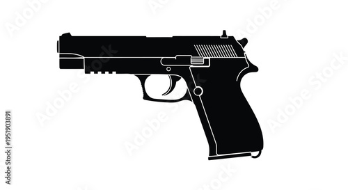 A stark black and white silhouette depicts a semi automatic handgun showcasing its distinct form and mechanical details high quality professional detailed