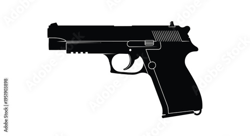 A stark silhouette of a black handgun is prominently displayed against a clean white background conveying power high quality