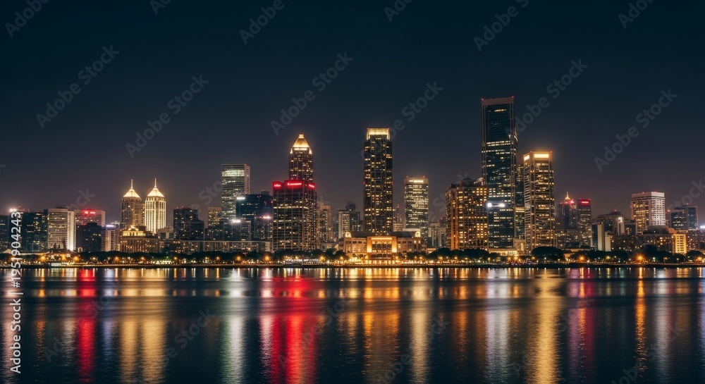 Obraz premium City skyline at night with reflections on water