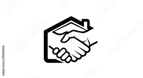 Handshake under house roof icon, real estate deal and home buying partnership concept, isolated white background.