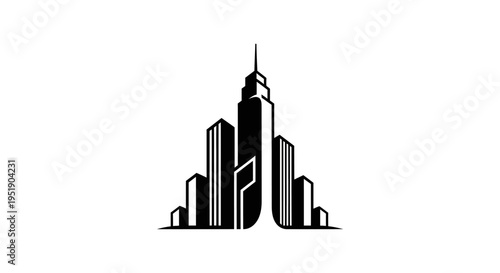 Modern City Skyline Logo with Tall Skyscrapers, Urban Architecture and Business Symbol on Isolated White Background