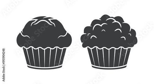 A simple black and white illustration depicts two muffins side by side showcasing their textured tops and paper liners high quality