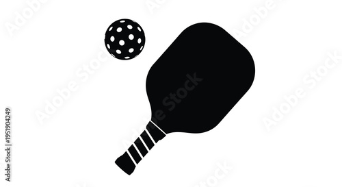 A minimalistic black and white illustration depicts a pickleball paddle and a perforated pickleball floating above it high quality professional detailed